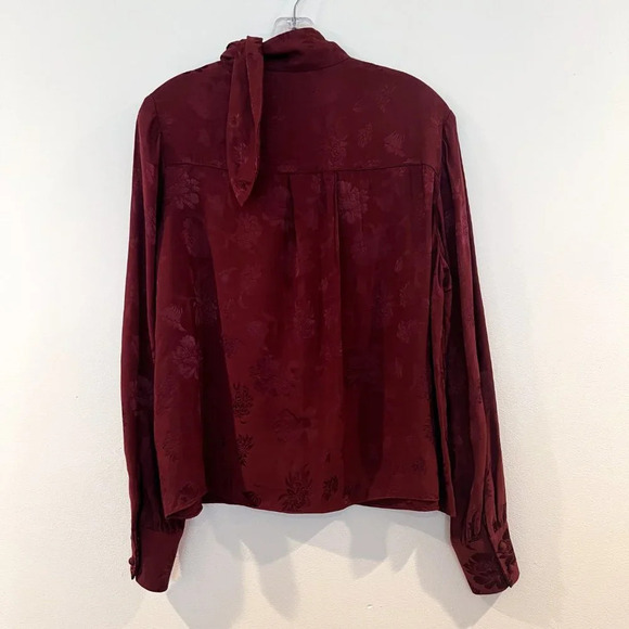 Wilfred Maroon Bronze Satin Floral Tie Neck Bohemian Classic Blouse Small - Picture 10 of 11